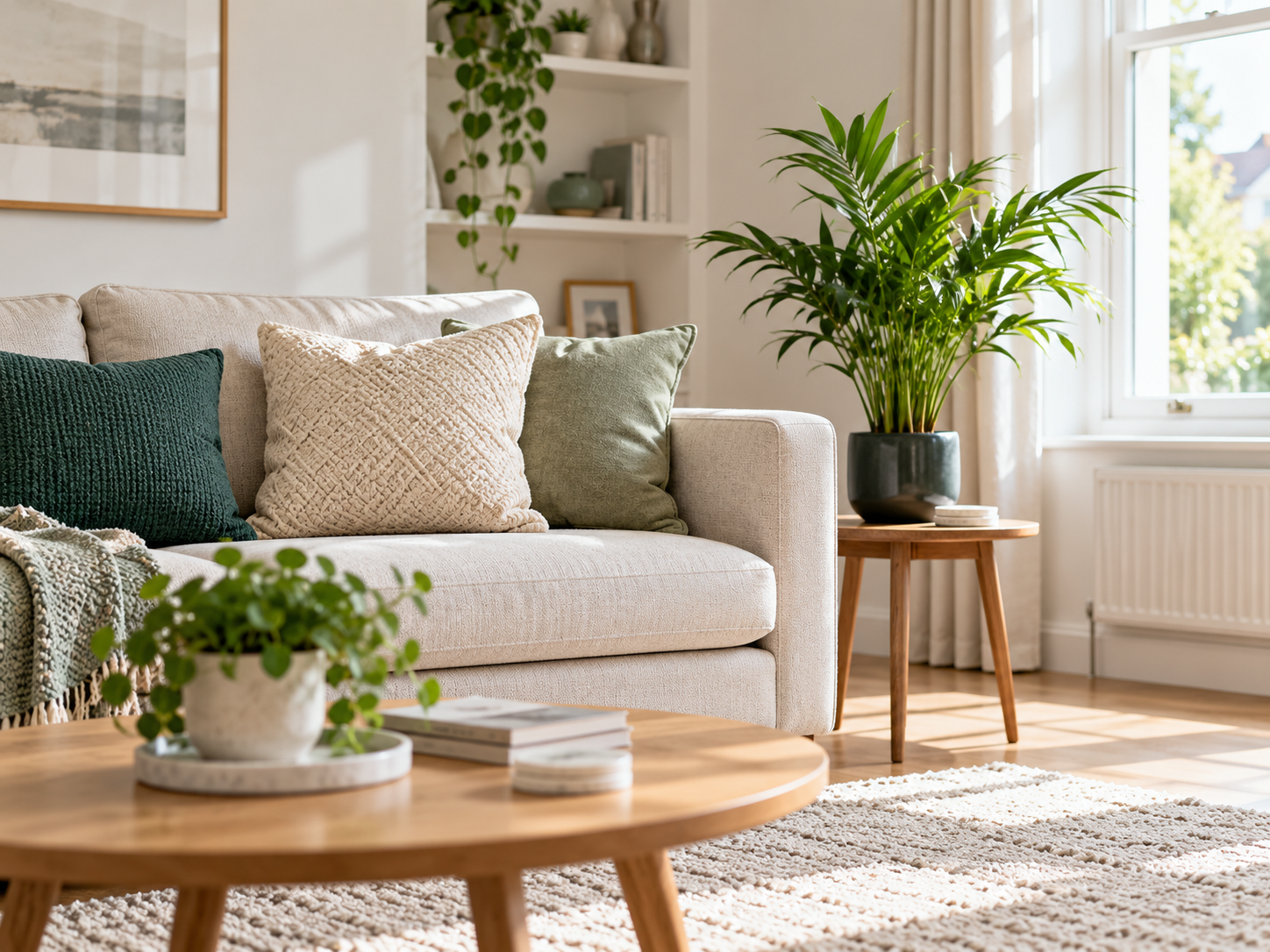 Bright living room with a sofa, plants and a wooden coffee table